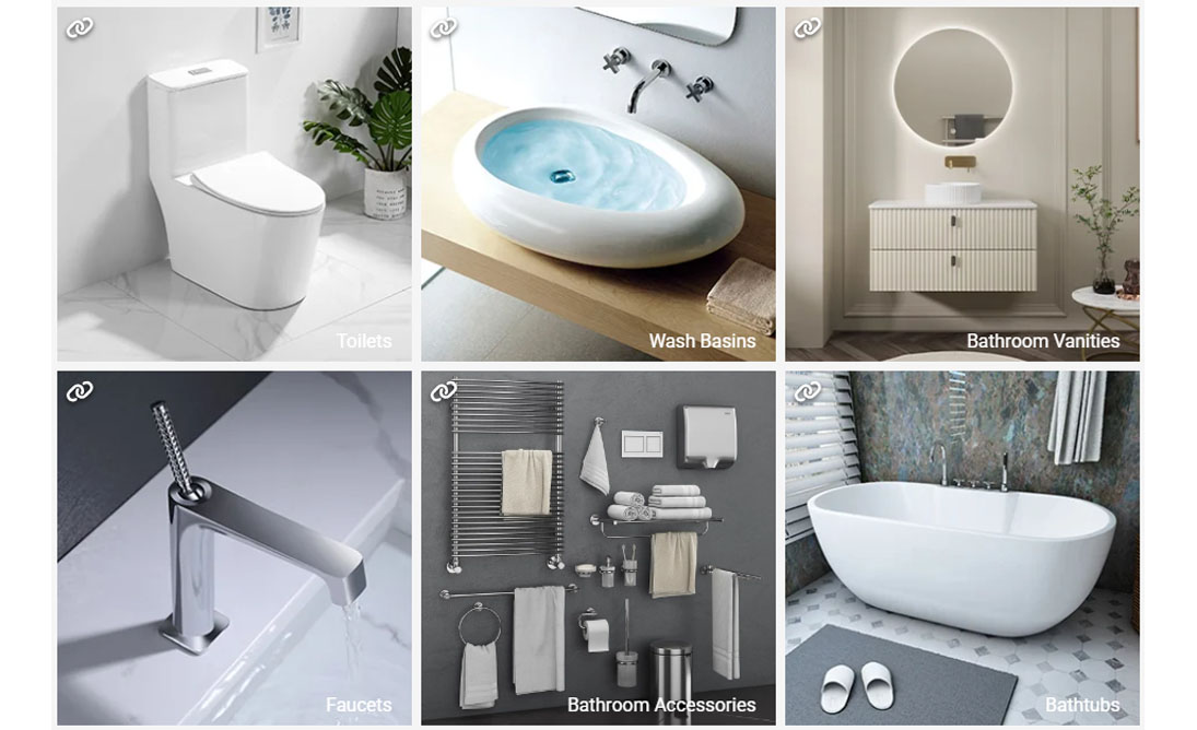 Diverse bathroom product categories showcase