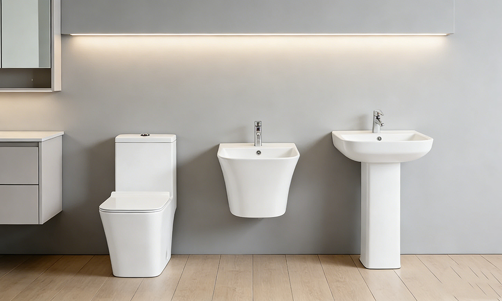 Toilet with wall hung & floor standing Washbasins