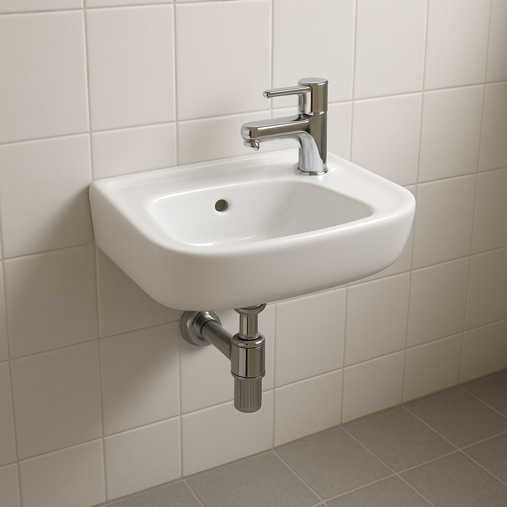 A clean, brightly lit image of a compact, rectangular wall-mounted cloakroom sink. The floor underneath is completely clear, showing the tiles