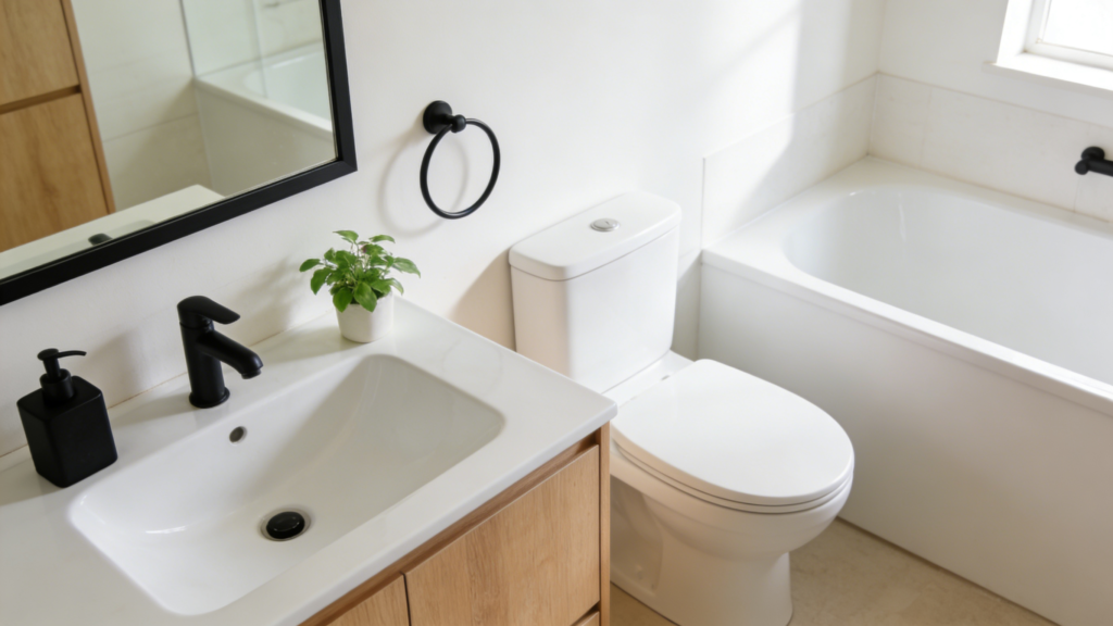 A stylish bathroom showing the 60-30-10 rule in action: 60% white ceramic (toilet, sink, bathtub), 30% light wood cabinetry, and 10% matte black accessories (towel ring, soap dispenser, mirror frame). The space is bright with natural light, and a small plant adds a touch of green. The composition is balanced and harmonious.