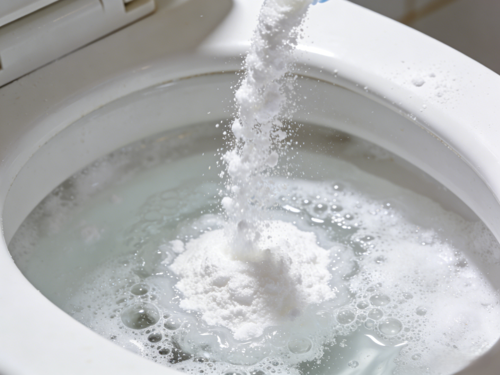 Visualize baking soda and white vinegar reacting inside a toilet bowl, gentle foam rising, clean bright setting, realistic photography