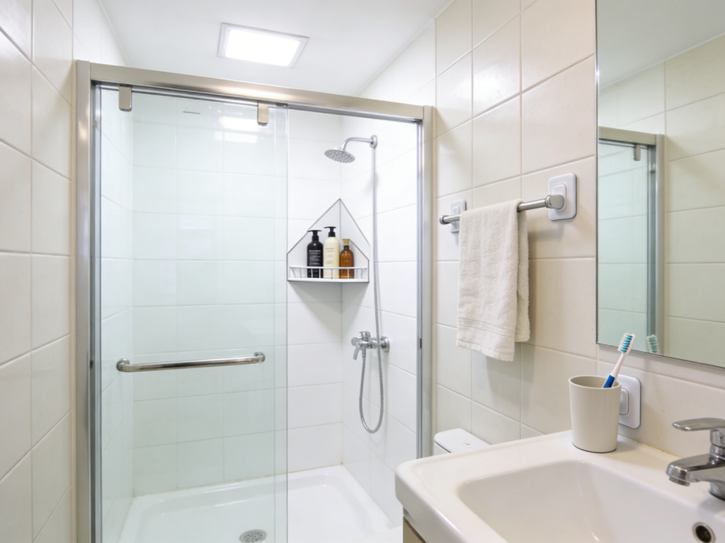A small bathroom with a shower cabin, featuring adhesive no-drill accessories: a corner shelf holding shampoo bottles, a towel holder on the tile wall, and a toothbrush holder near the sink. All accessories are in sleek white and chrome. The focus is on the adhesive mounting and the organized, clutter-free look.