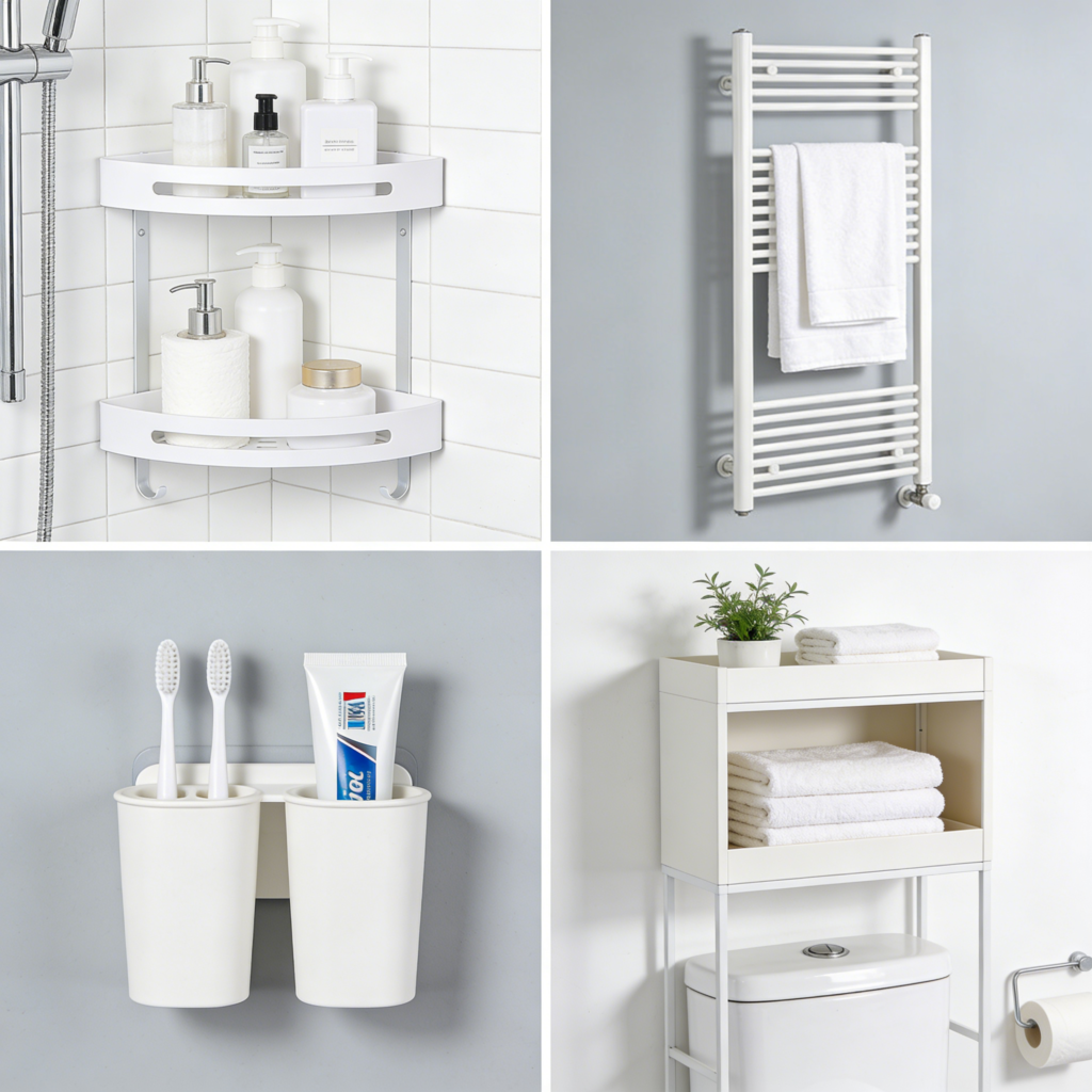 Collage of four small insets showing the key pieces: (1) a corner shower caddy, (2) a vertical towel rack, (3) a wall-mounted toothbrush and paste holder, (4) an over-the-toilet storage unit. Clean, bright, minimalist style.