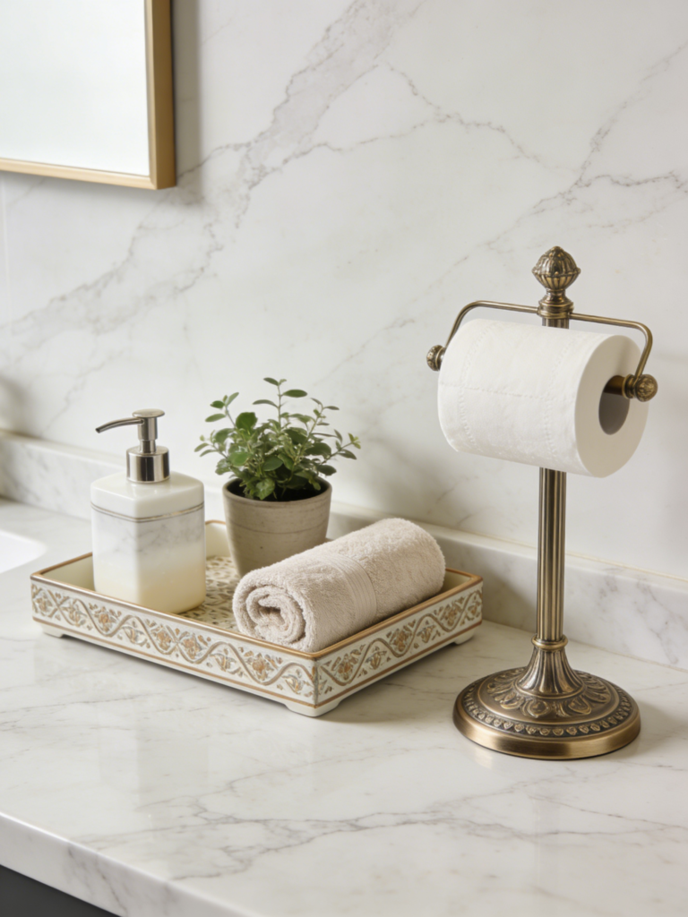 A decorative tray on a marble countertop holding a soap dispenser, a small plant, and a rolled hand towel. Next to it, an elegant paper towel holder. The arrangement is tidy and curated, showing how to group items to reduce clutter.