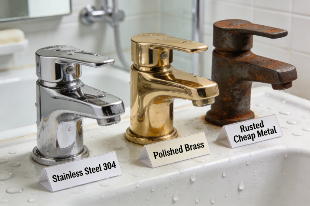 A close-up comparison shot of three metal samples: shiny stainless steel 304, polished brass, and a dull, rusted cheap metal. Each piece is labeled with a small card. The background is a moisture-resistant surface with water droplets, emphasizing the bathroom environment. The image highlights the texture and luster differences. Macro photography, sharp focus, professional lighting.