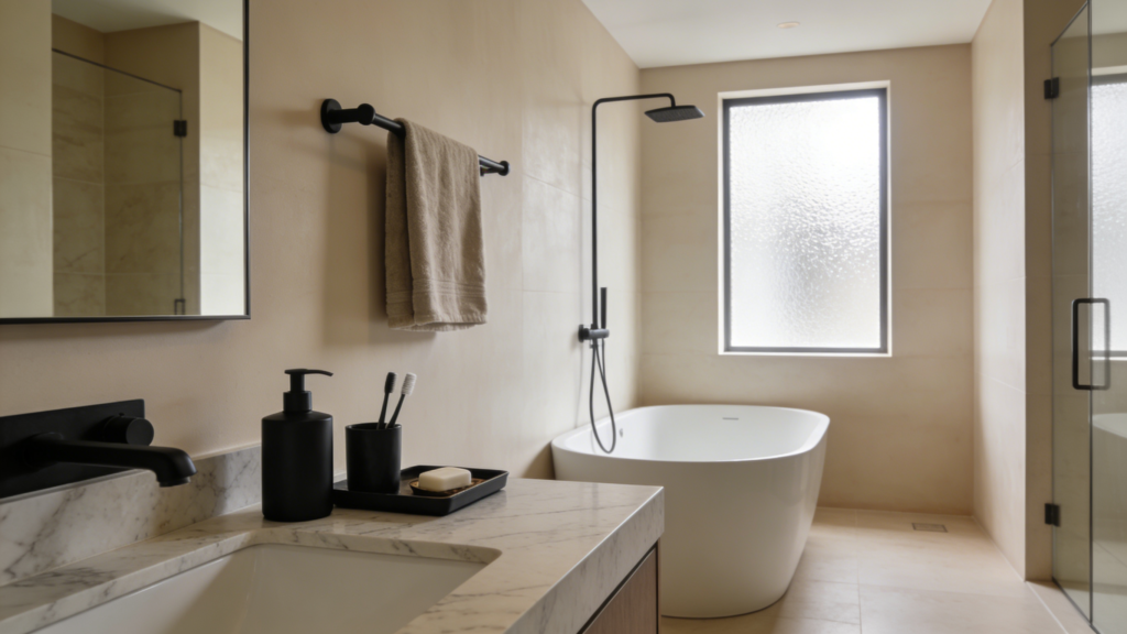 A wide-angle shot of a luxurious modern bathroom with coordinated matte black accessories: a towel holder, soap dispenser, toothbrush holder, and a small tray on a marble countertop. The bathroom has neutral beige walls, a freestanding white bathtub, and natural light from a frosted window.