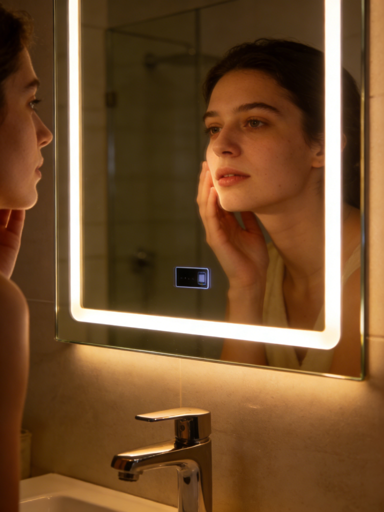 A modern bathroom mirror with integrated LED lighting around the edges, illuminating a person's face softly. The mirror has no frame, and a small touch-sensitive panel is visible on the glass. The reflection shows a sleek faucet. The ambiance is warm and high-tech.