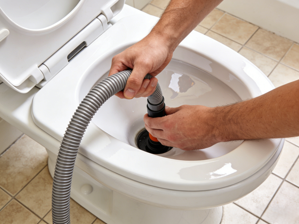 Show a person carefully inserting a J-shaped closet auger into a toilet drain, gentle hand movement, no scratches on porcelain, clean realistic bathroom