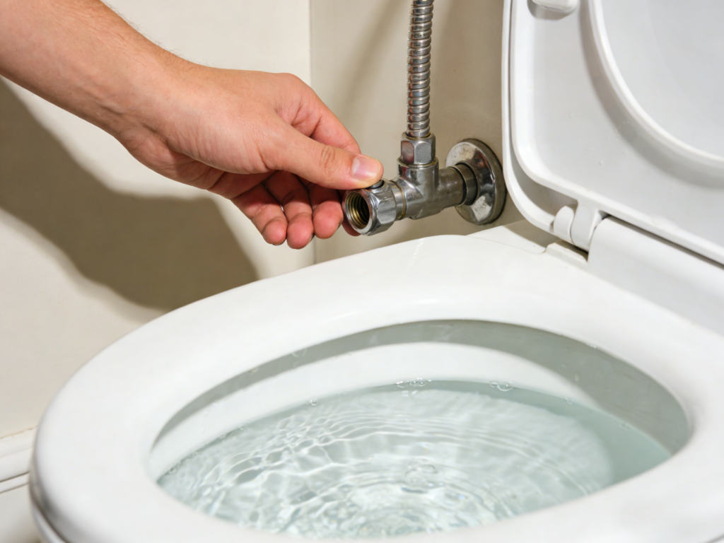 Show a half-cup of liquid dish soap being poured into a toilet bowl, a bucket of hot (not boiling) tap water next to the toilet, warm soft lighting, realistic household scene