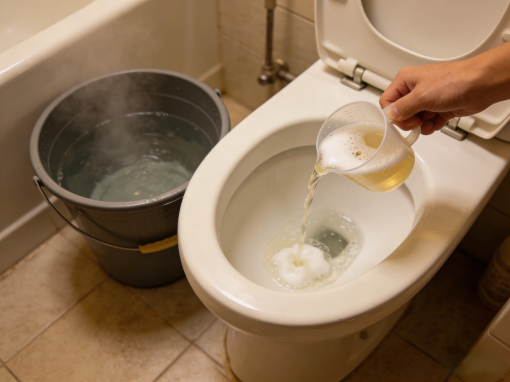 Show a half-cup of liquid dish soap being poured into a toilet bowl, a bucket of hot (not boiling) water next to the toilet, warm soft lighting, realistic household scene