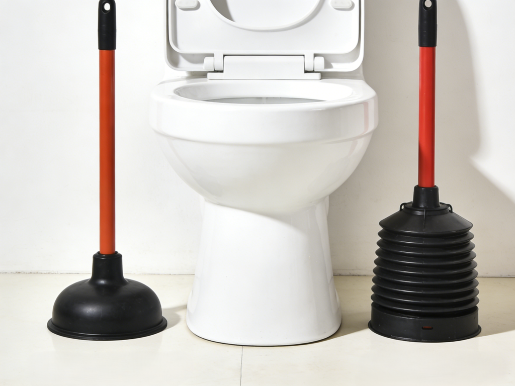 Side-by-side comparison of a standard cup plunger and a flange plunger, labeled clearly, placed next to a toilet bowl for scale, bright neutral background