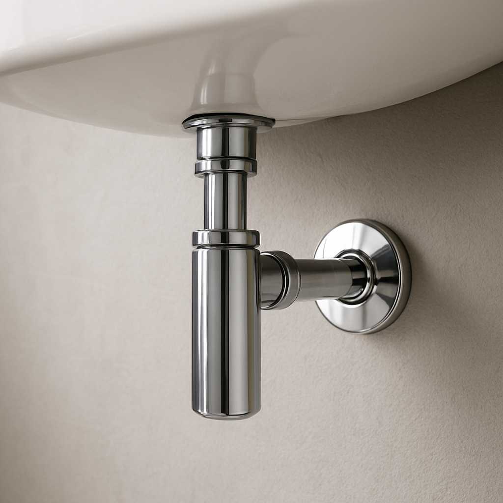 A close-up shot under a wall-hung sink showing a sleek, polished chrome bottle trap connected to the wall