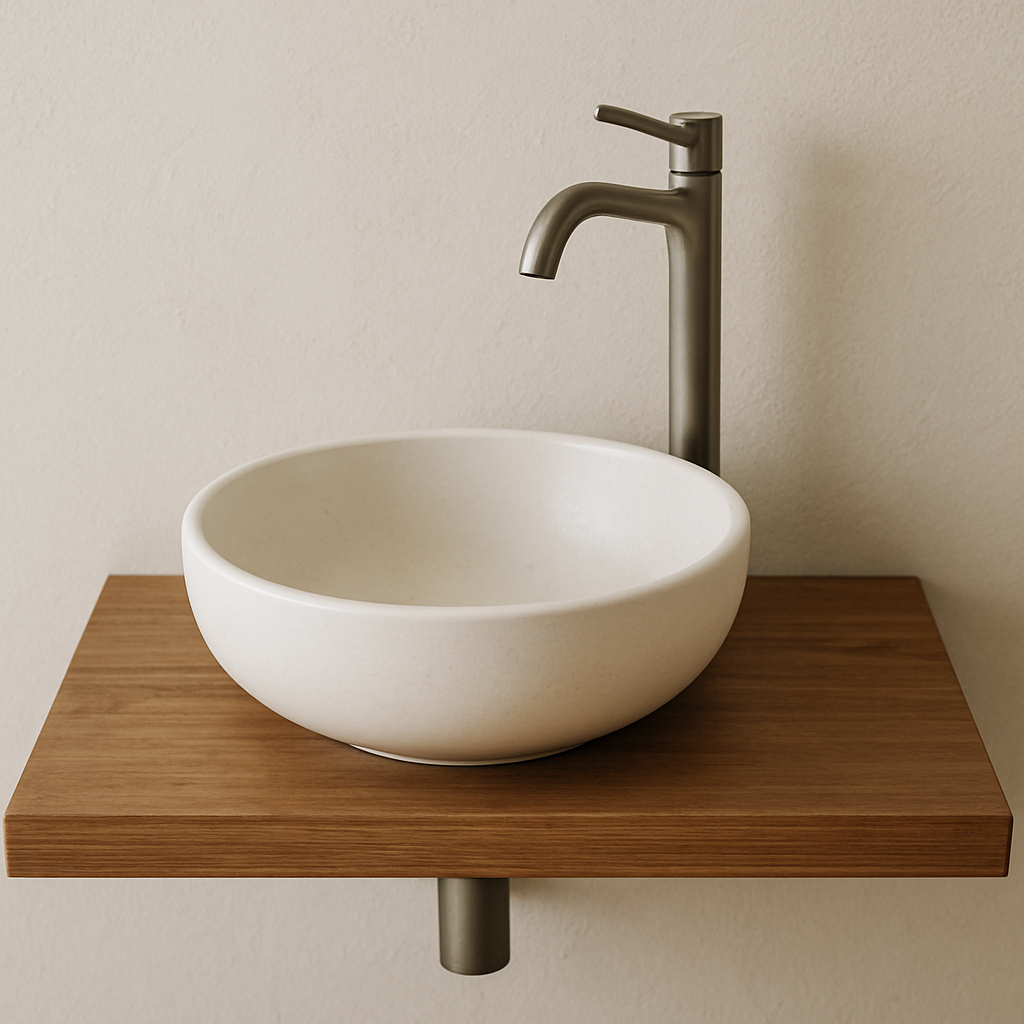 A simple round ceramic bowl-style sink sitting on a slim, wall-mounted wooden shelf, with a tall, elegant faucet behind it