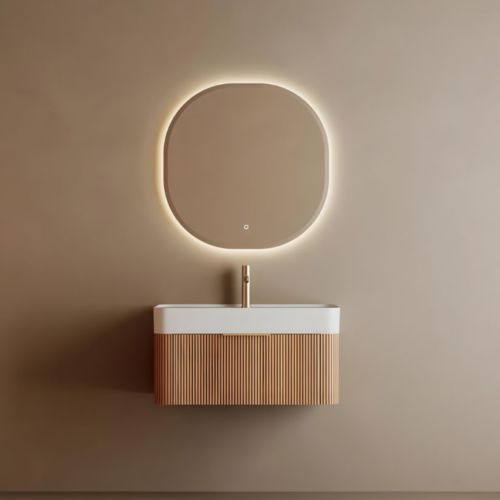 800mm Wall Mounted Bathroom Vanity Unit With Led Backlit Round Mirror, Fluted Wood Grain Cabinet & Integrated Ceramic Basin (3)