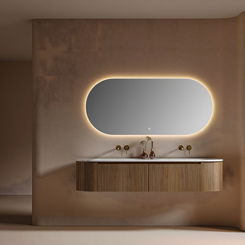 My 8813 1200mm Curved Wall Mounted Bathroom Vanity Unit With Led Mirror, Ash Wood + Paint, Ceramic Basin