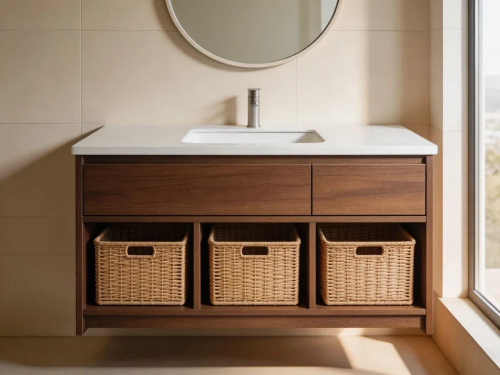 Crate And Barrel Vanity Wood Drawers Woven Baskets