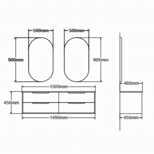 Yida 1500mm Double Sink Vanity And Mirrors Dimensions Line Drawing