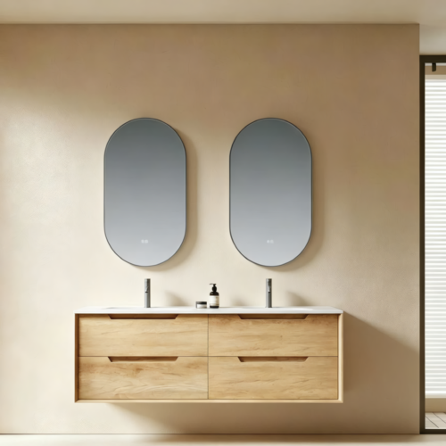 Yida Ash Wood Double Sink Wall Mounted Vanity With Oval Led Mirrors Main