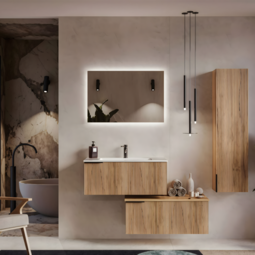 Yida F5198 Fluted Wood Wall Mounted Bathroom Vanity Set With Side Cabinet Main