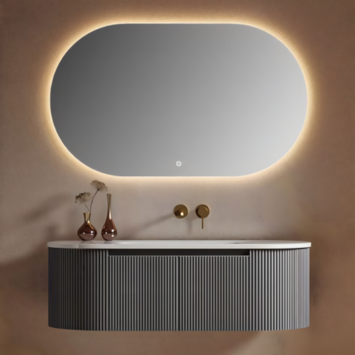 Yida Yd8813 Dark Grey Fluted Wall Mounted Double Sink Vanity With Oval Led Mirror