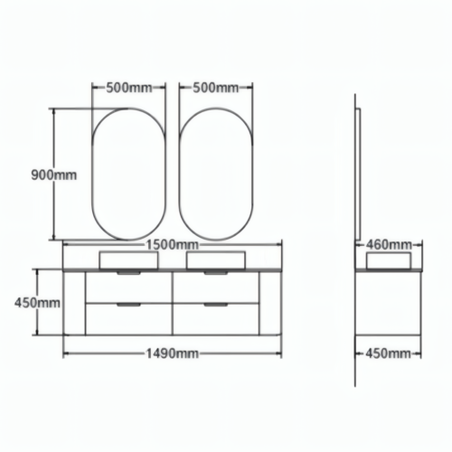 Yida Yd8901 1500mm Vanity Dimensions Line Drawing