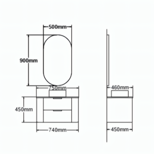 Yida Yd8901 750mm Vanity Dimensions Line Drawing