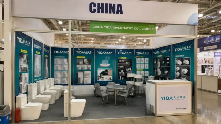 YIDA booth at 2019 Russia Expo, labeled “CHINA YIDA INVESTMENT CO., LIMITED”, displaying modern ceramic toilets and basins