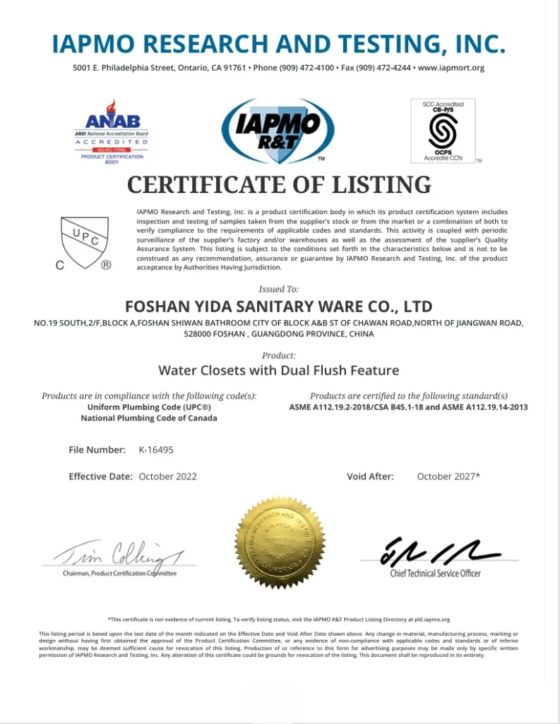 Yida Bath Iapmo Upc Certified Dual Flush Water Closet Certificate