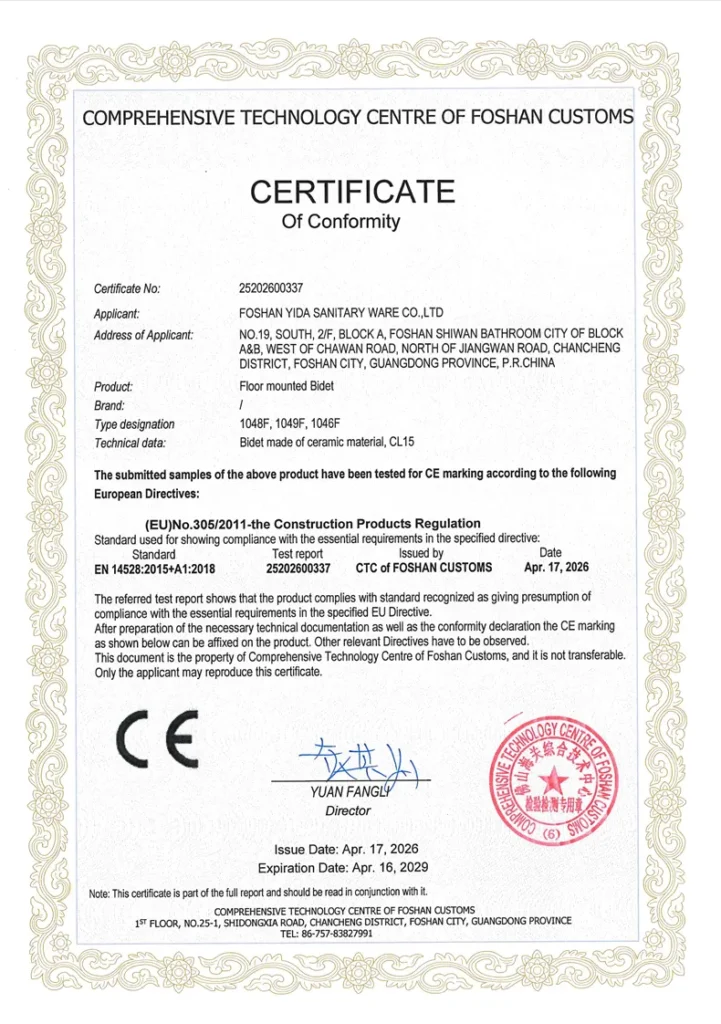 Yidabath Floor Mounted Bidet Ce Certificate