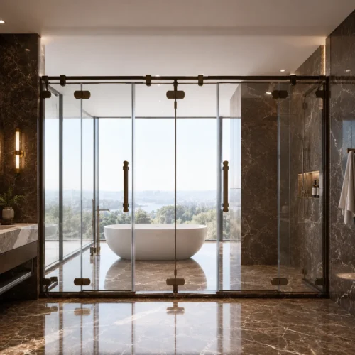 Antique bronze 4-panel sliding shower screen in luxury bathroom with city view | YIDA large shower enclosure with freestanding bathtub and dark marble walls