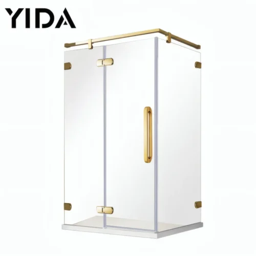 Brushed gold hexagon hinged shower enclosure with frameless clear glass and heavy-duty hinges | YIDA luxury bathroom shower room
