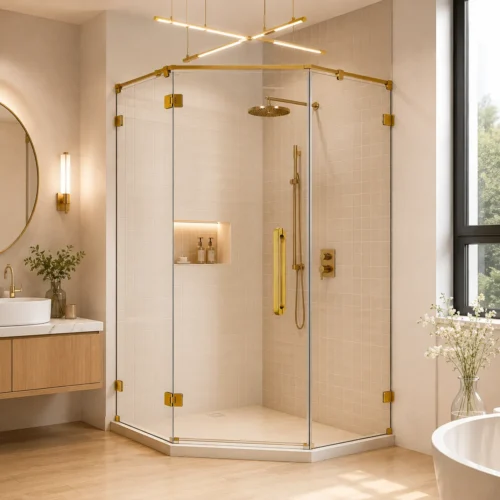 Brushed gold hexagon hinged shower enclosure in warm beige bathroom | YIDA luxury shower room with gold fixtures and natural light