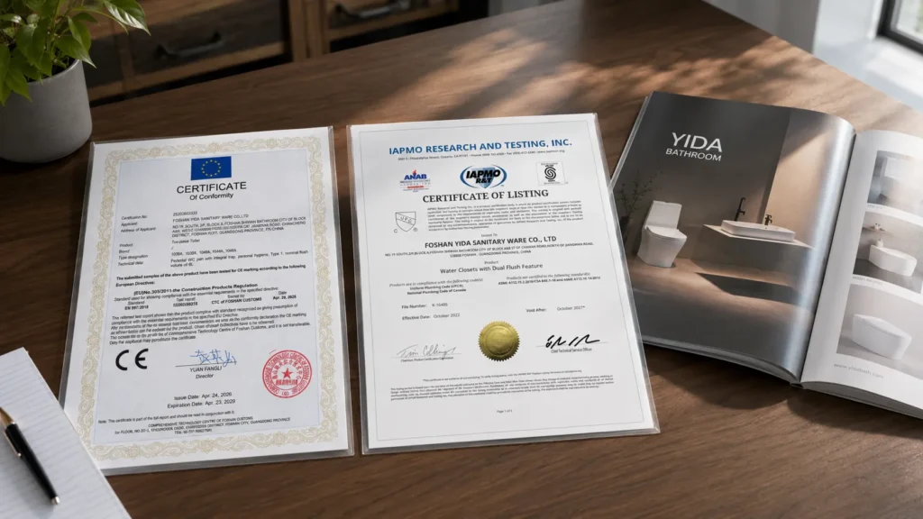 CE and CUPC certification documents for certified two-piece toilet import