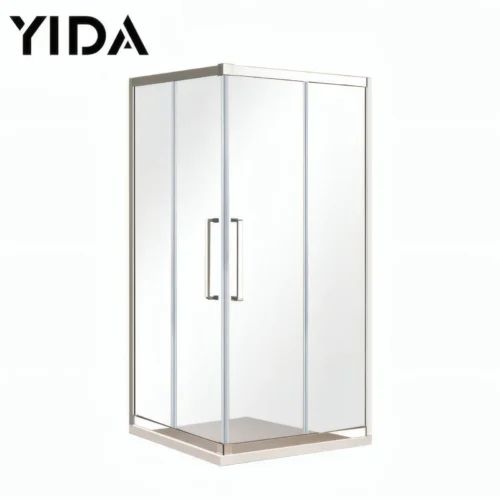 Square corner swing shower enclosure with silver aluminum frame and clear tempered glass | YIDA compact bathroom shower room