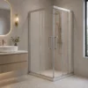 Square corner swing shower enclosure with silver frame in terrazzo bathroom | YIDA compact shower room with wood vanity and warm lighting