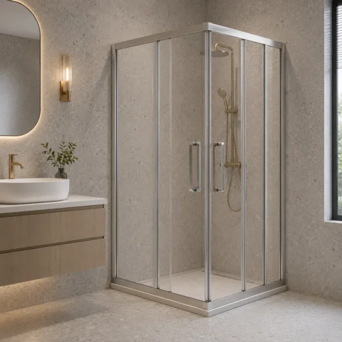 Square corner swing shower enclosure with silver frame in terrazzo bathroom | YIDA compact shower room with wood vanity and warm lighting
