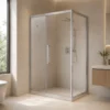 Square sliding shower enclosure with silver frame in minimal beige bathroom | YIDA modern shower room with natural light and wood vanity