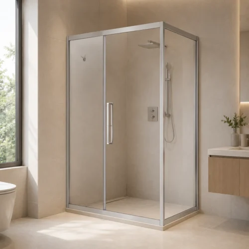 Square sliding shower enclosure with silver frame in minimal beige bathroom | YIDA modern shower room with natural light and wood vanity