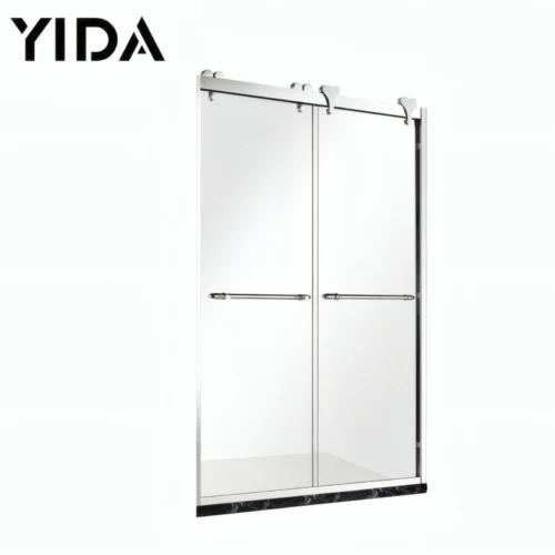 Stainless steel sliding shower enclosure with heart-shaped top rollers and clear tempered glass | YIDA premium bathroom shower screen with marble base