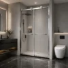 Stainless steel sliding shower enclosure with heart-shaped rollers in modern bathroom | YIDA premium shower room with black marble vanity and smart toilet