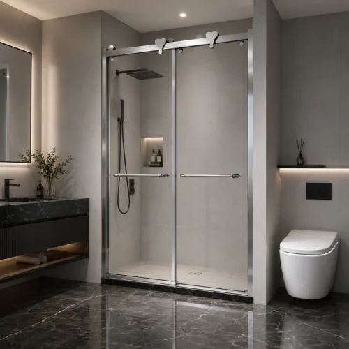 Stainless steel sliding shower enclosure with heart-shaped rollers in modern bathroom | YIDA premium shower room with black marble vanity and smart toilet