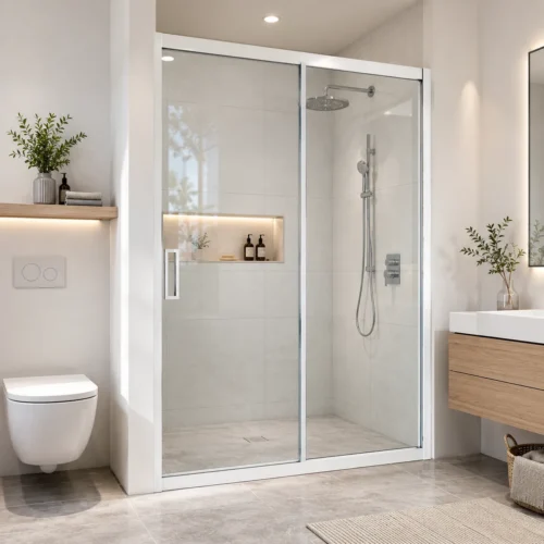 White aluminum frame sliding shower enclosure in bright minimalist bathroom | YIDA shower screen with wood vanity and natural light