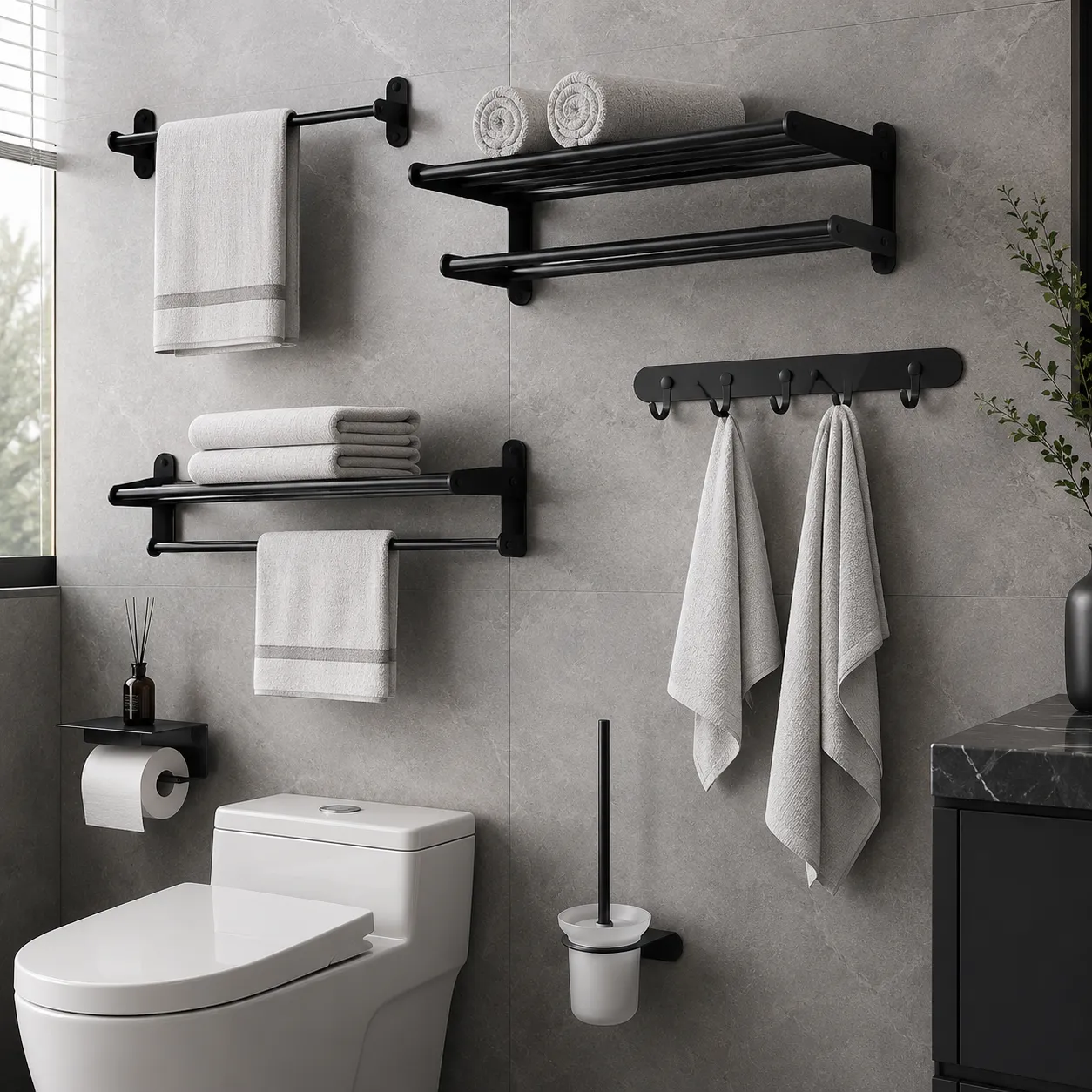 Yida Bath Black Bathroom Accessories Set (Towel Rack, Hooks, Toilet Paper Holder)