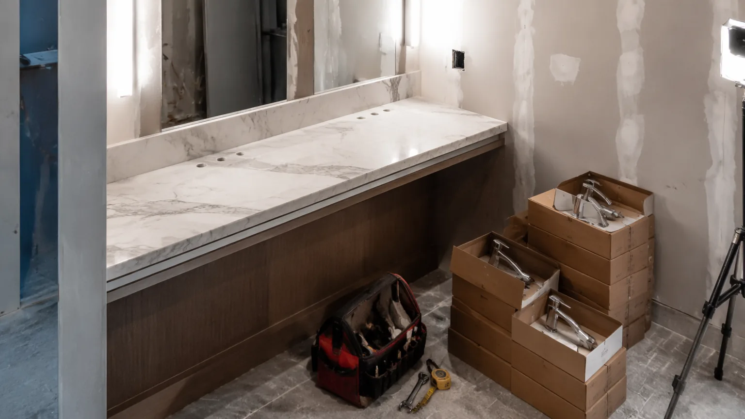 Hotel bathroom renovation with pre-drilled marble countertop for basin faucet installation and contractor tools