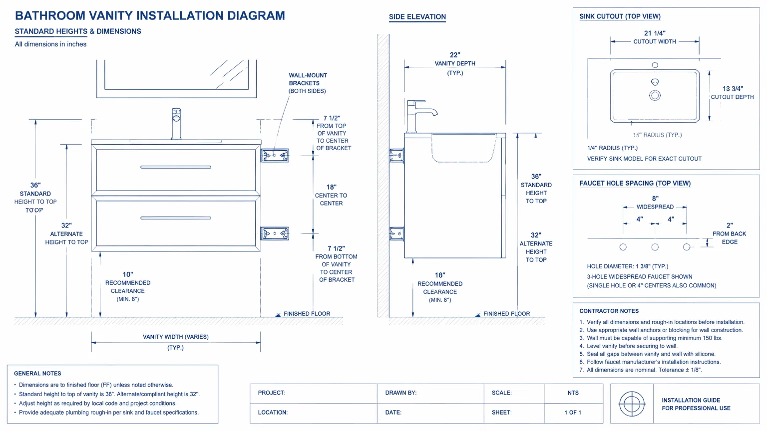 bathroom vanity installation diagram with standard dimensions CAD blueprint