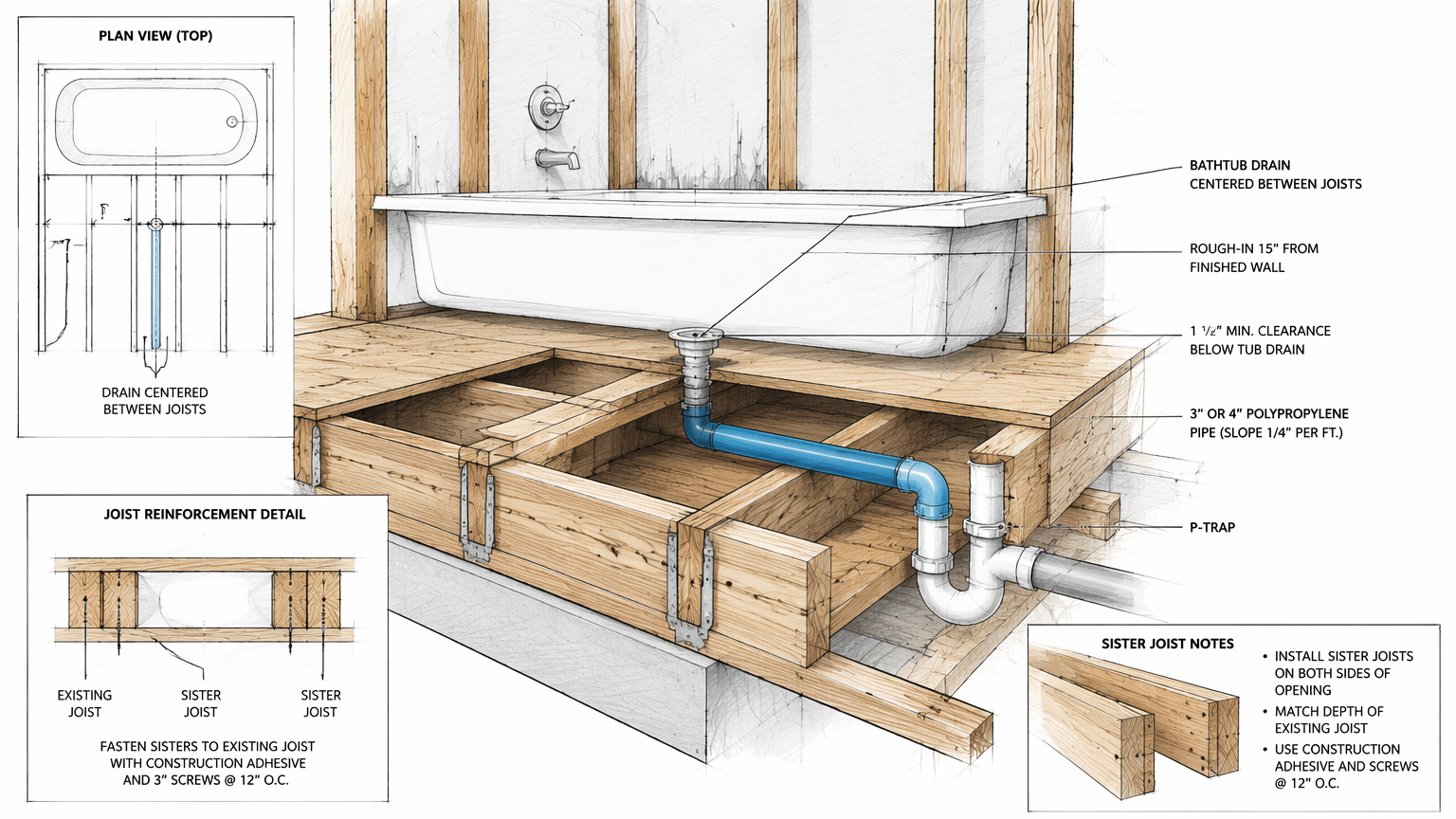 Bathtub Drain Rough-in and Floor Reinforcement Diagram