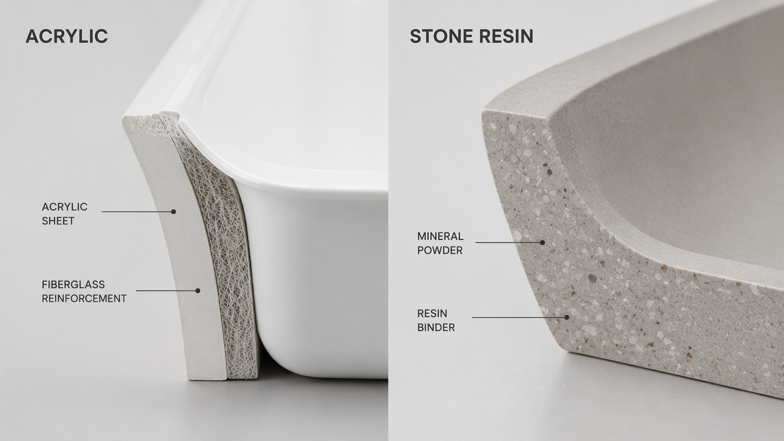 Bathtub Acrylic vs Stone Resin Material Cross-section