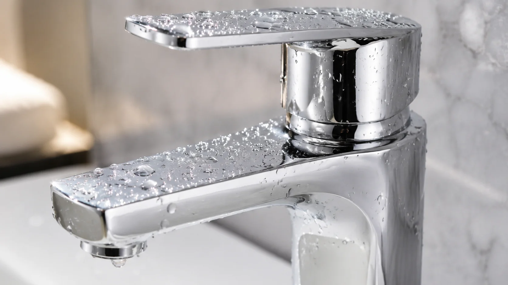 Chrome bathroom faucet closeup macro water droplets premium finish quality YIDA sanitary ware
