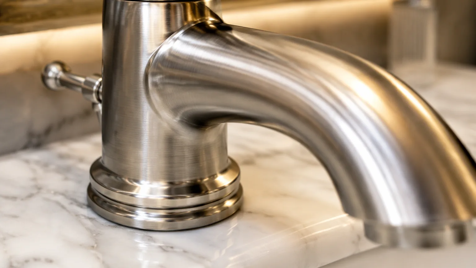 Close-up of brushed nickel basin faucet on marble countertop in luxury hotel bathroom
