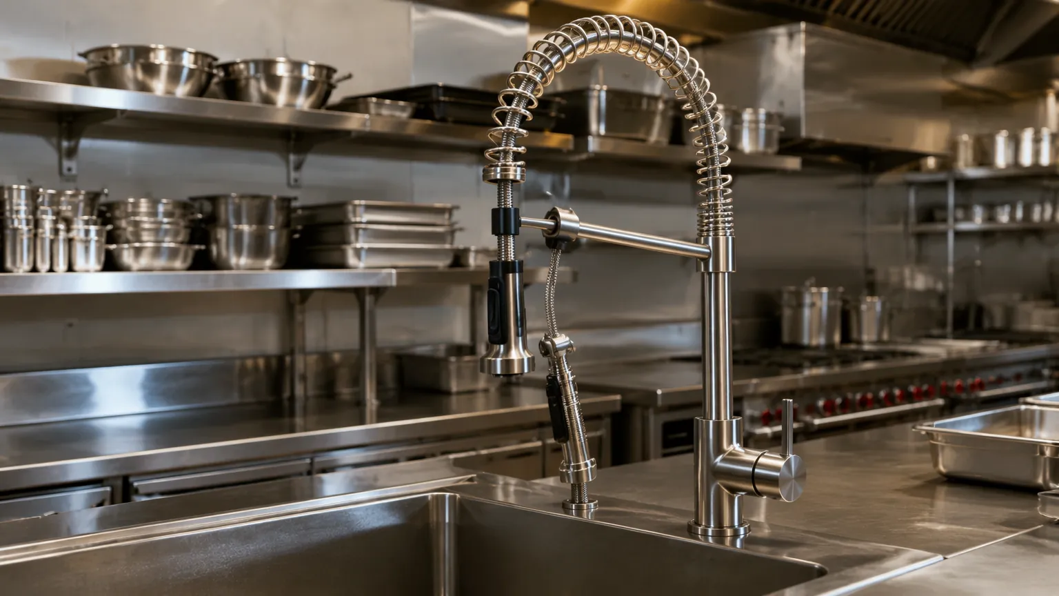 Commercial-grade spring kitchen faucet in a restaurant kitchen